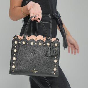 Kate Spade Hayes Street Black Leather Pearl Studded Scalloped Handbag w/Tassel